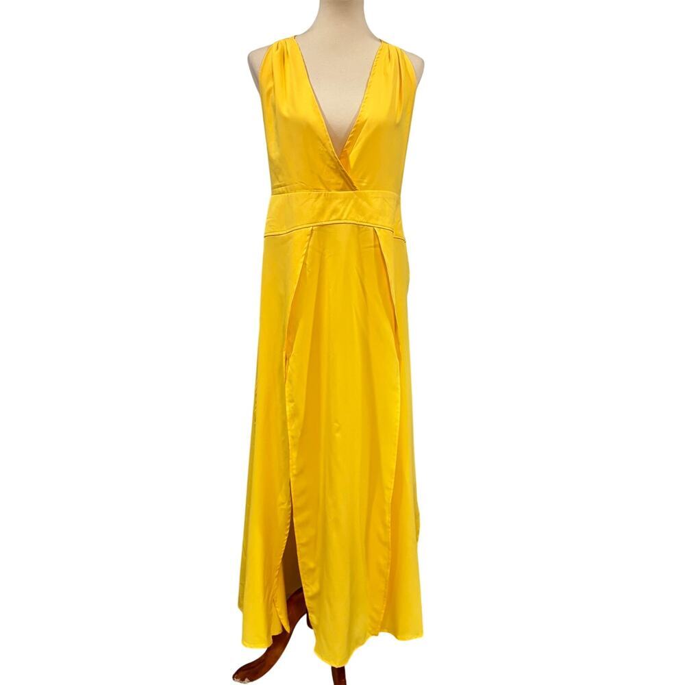 Chicme Butter Yellow Plunge Neck Maxi Dress Beach Cover Up Front Slits, Size L